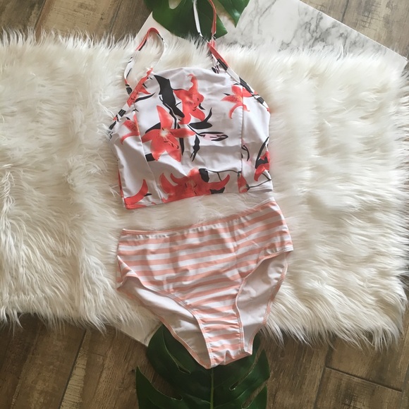 High Waisted Stripe & Floral Bikini Strappy Back - Picture 4 of 7